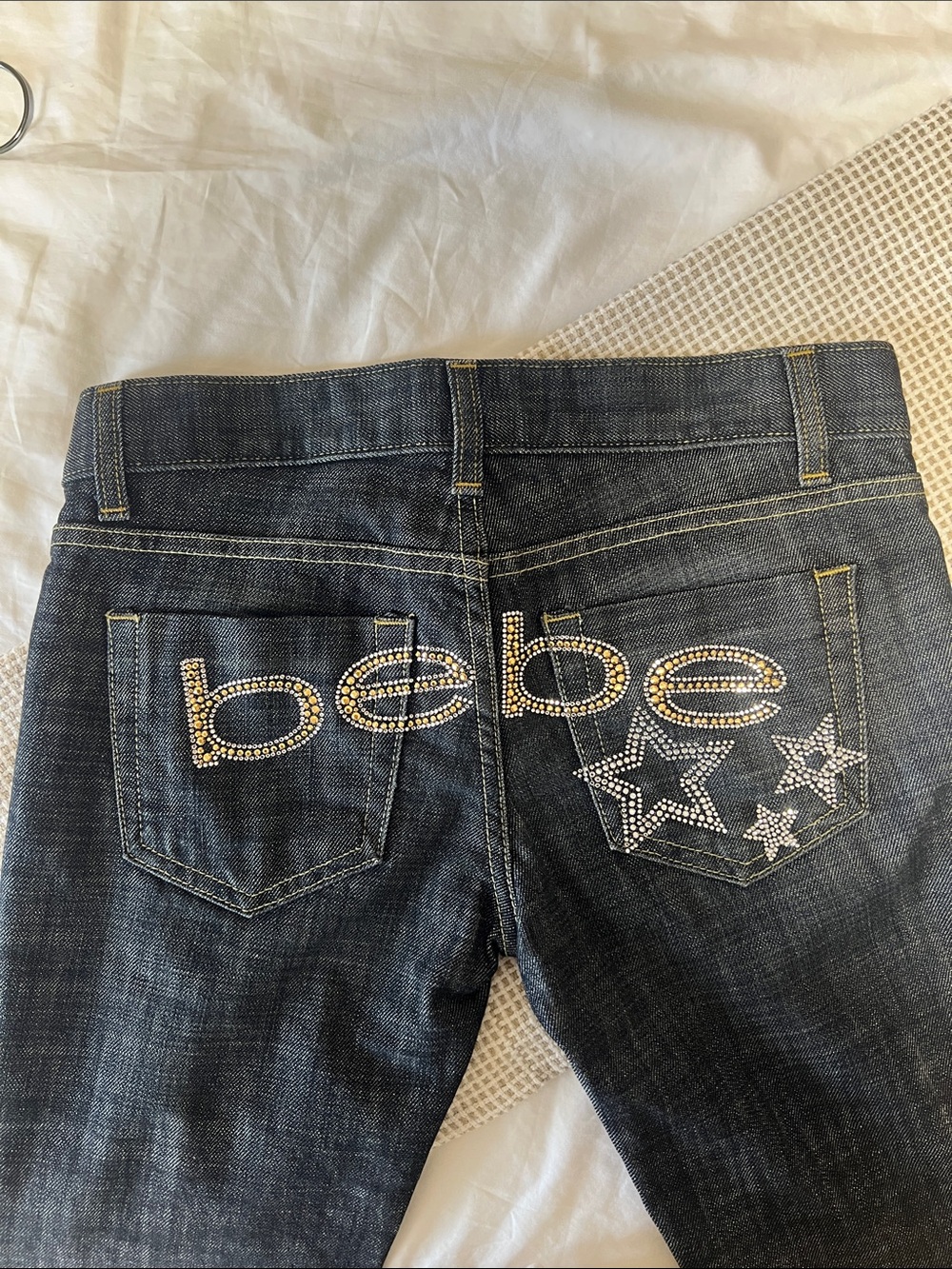 bebe Dark Blue Boot Cut Jeans with Rhinestone Logo & Stars